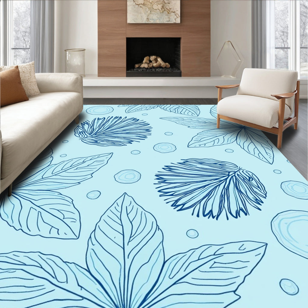 Delicate Blue Floral Outline Pattern Rug