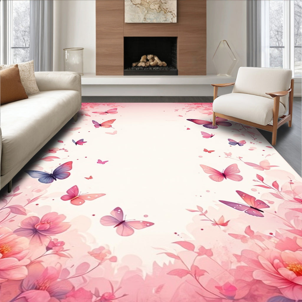 Pink Floral Butterfly Garden Design Rug