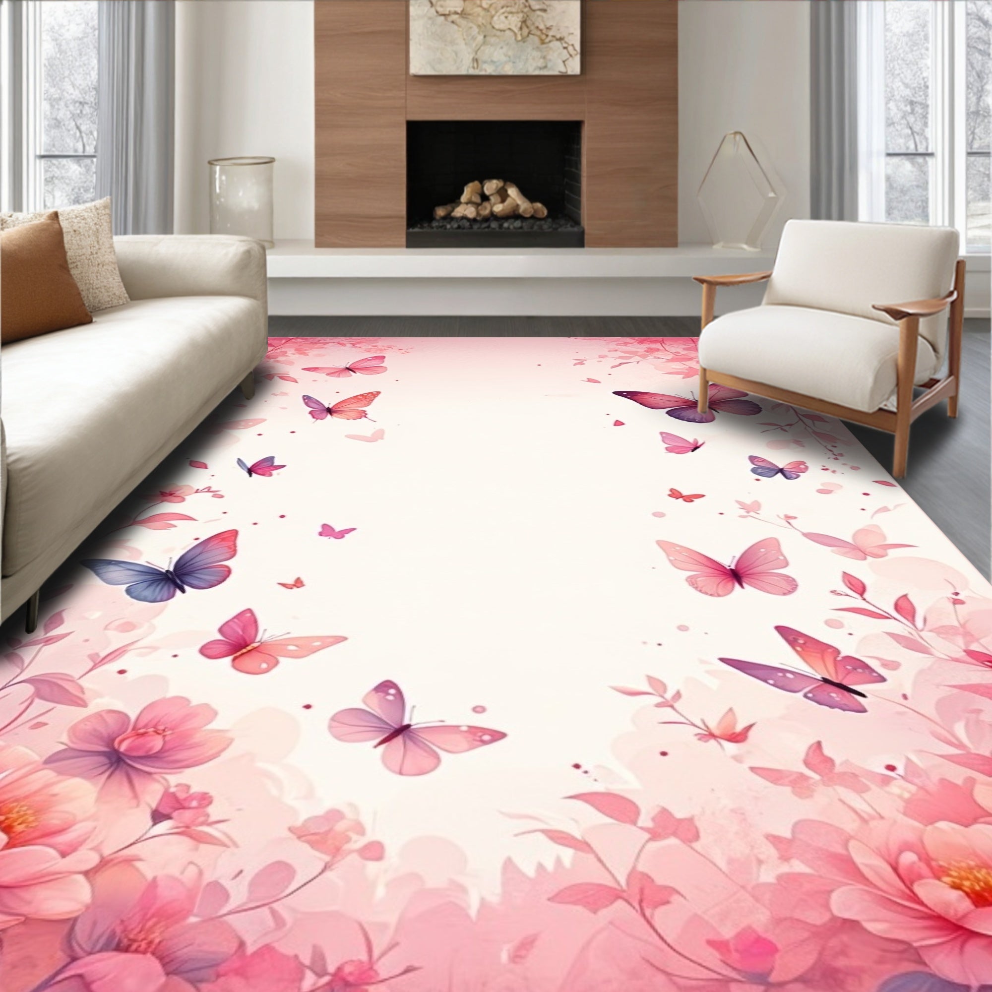 Pink Floral Butterfly Garden Design Rug