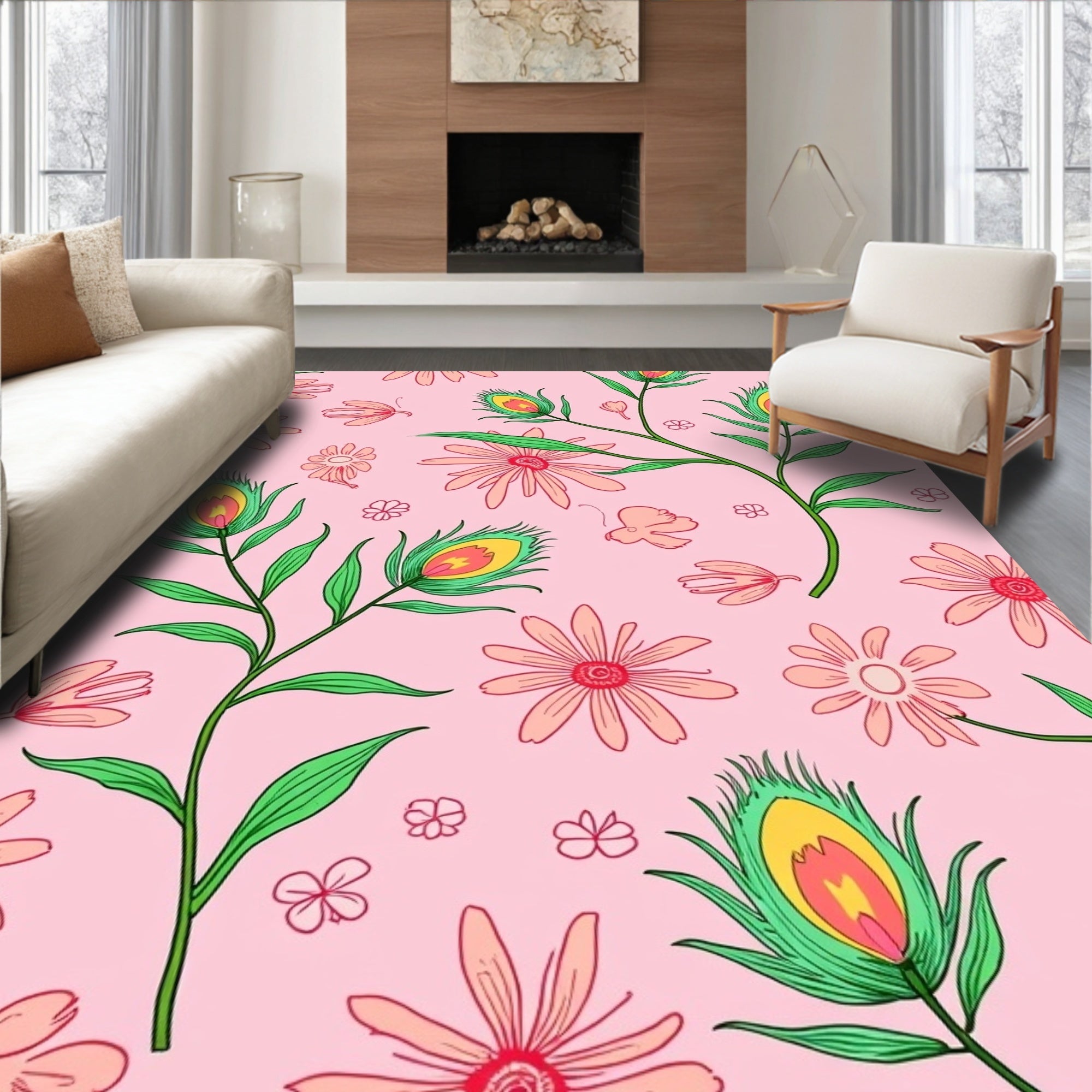 Peacock Feather Floral Pink Pattern Rug