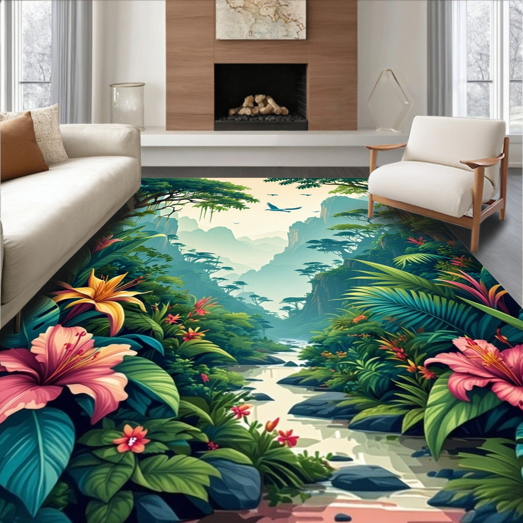 Tropical Rainforest Vibrant Floral Scenic Rug