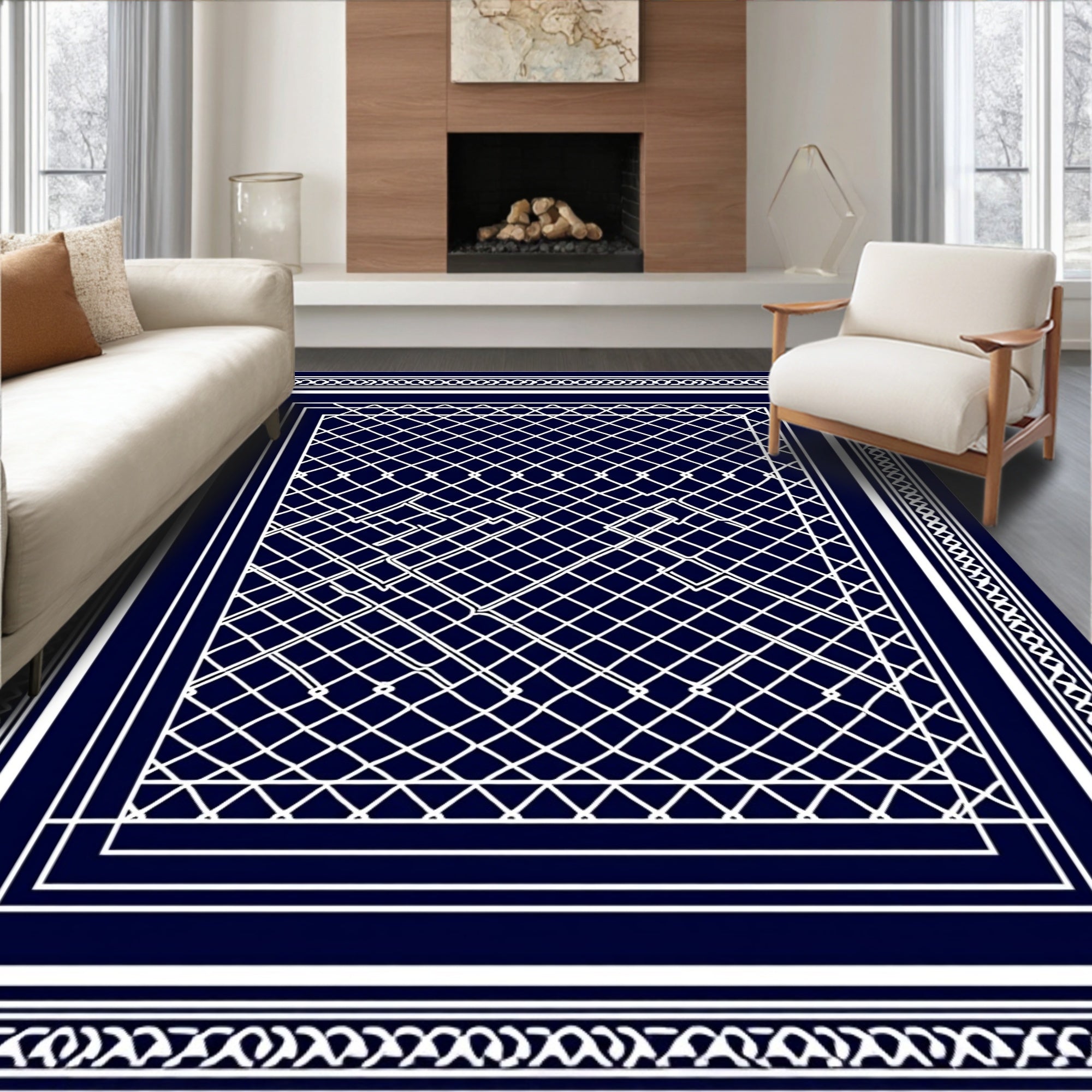 Elegant White Lattice Border Design Rug