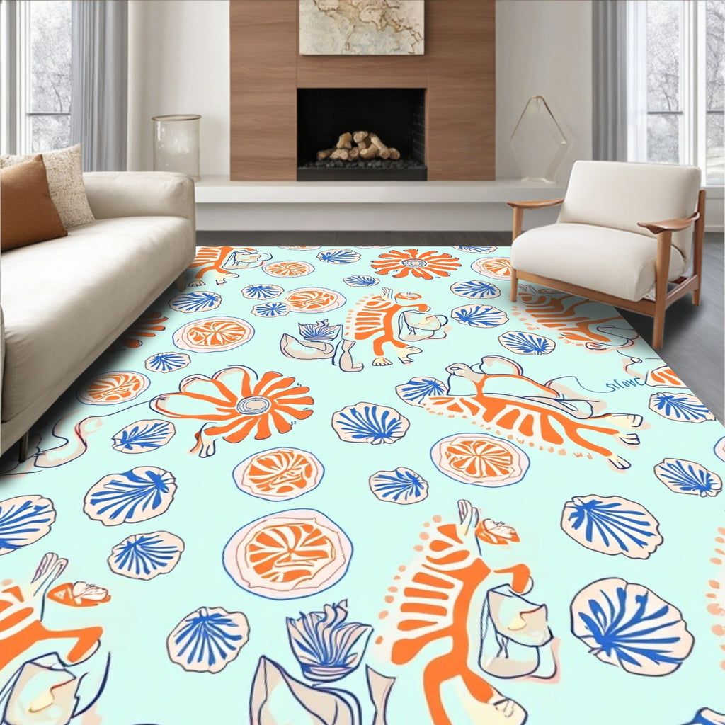 Whimsical Orange Blue Floral Pattern Rug