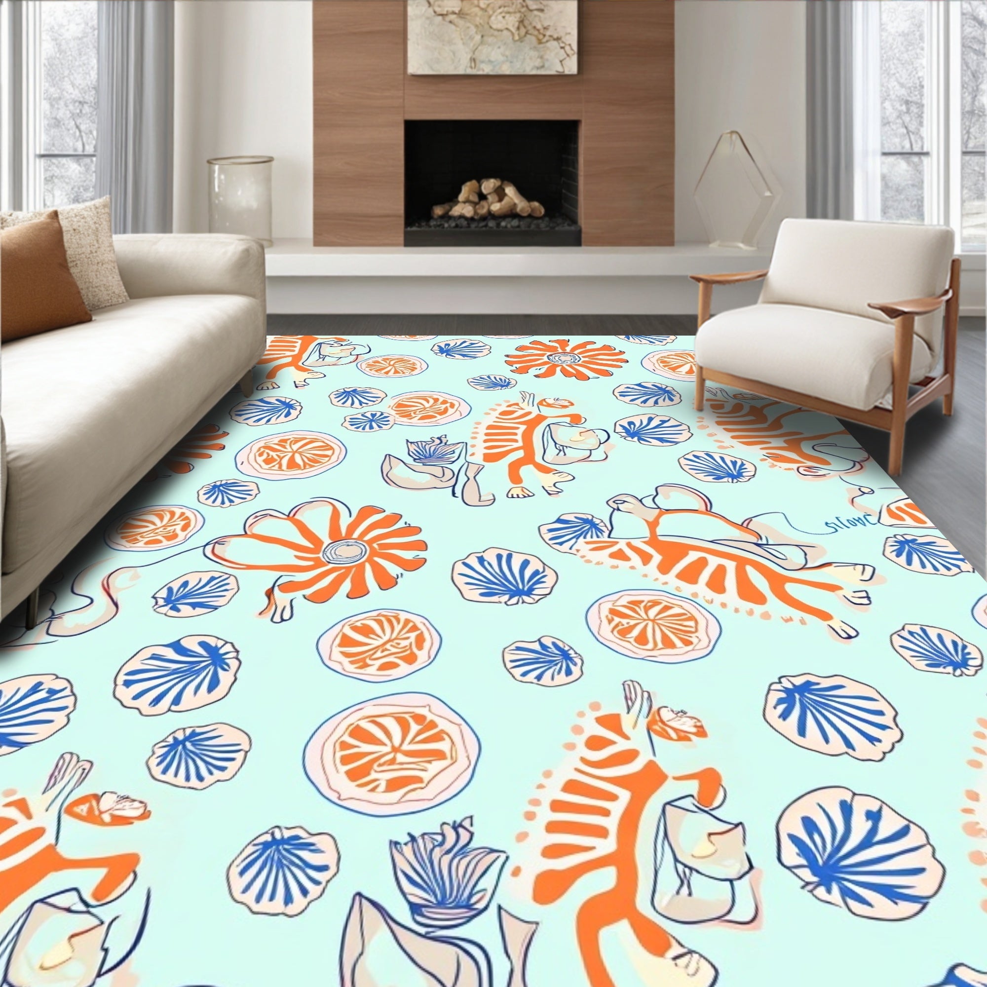 Whimsical Orange Blue Floral Pattern Rug