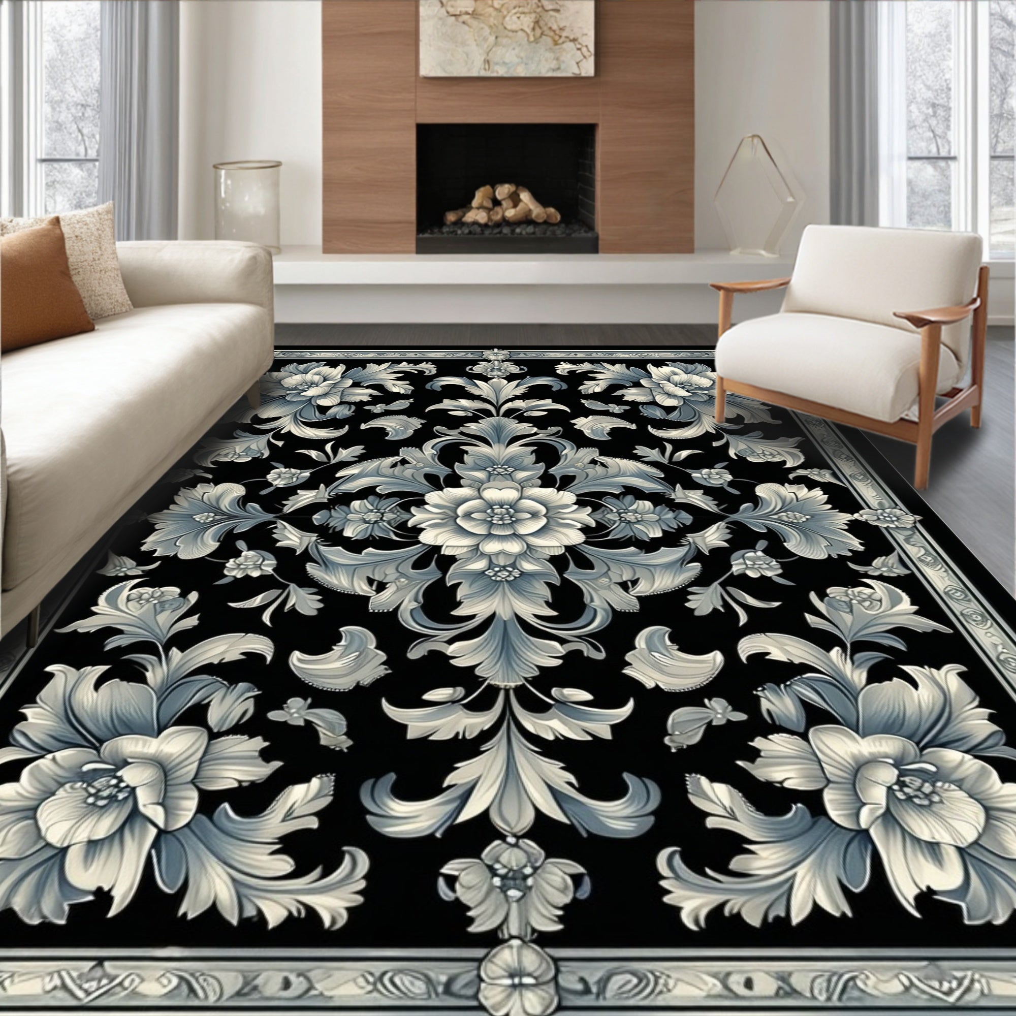 Elaborate Floral Scrollwork Pattern Rug