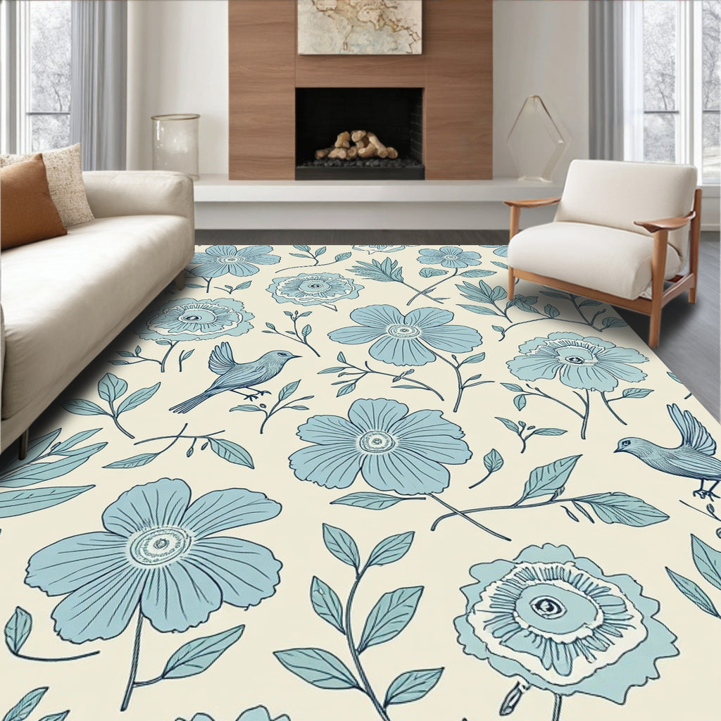 Blue Birds and Floral Pattern Design Rug