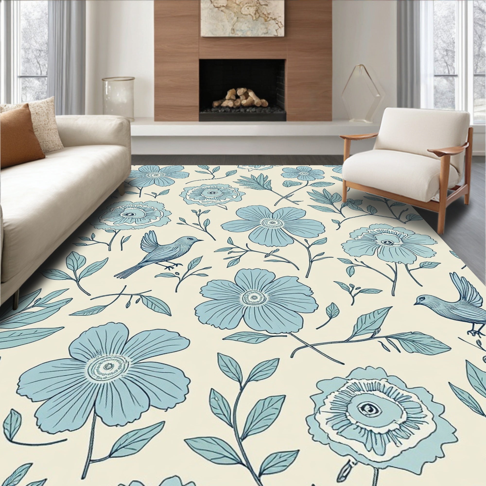 Blue Birds and Floral Pattern Design Rug