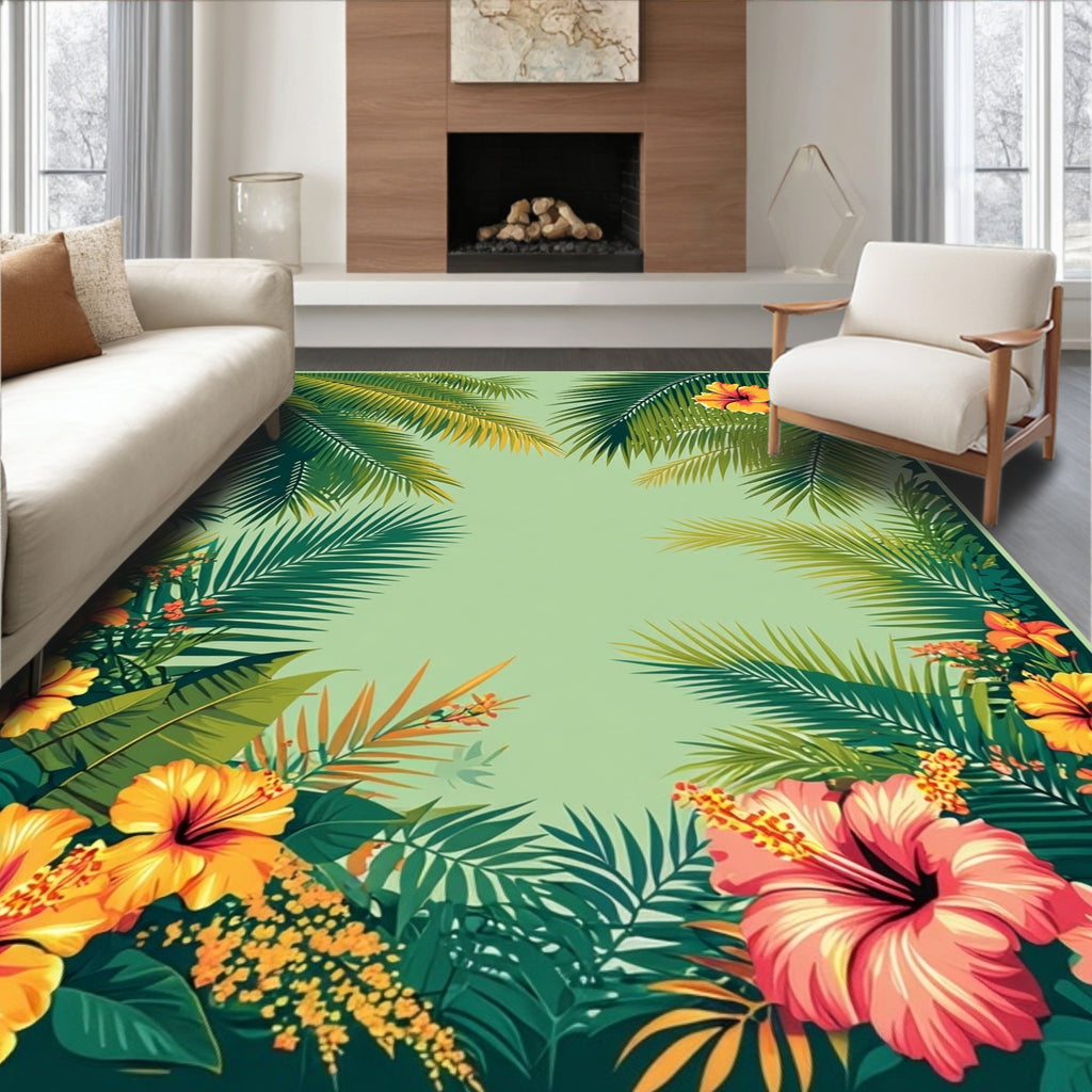 Tropical Hibiscus Palm Leaf Design Rug