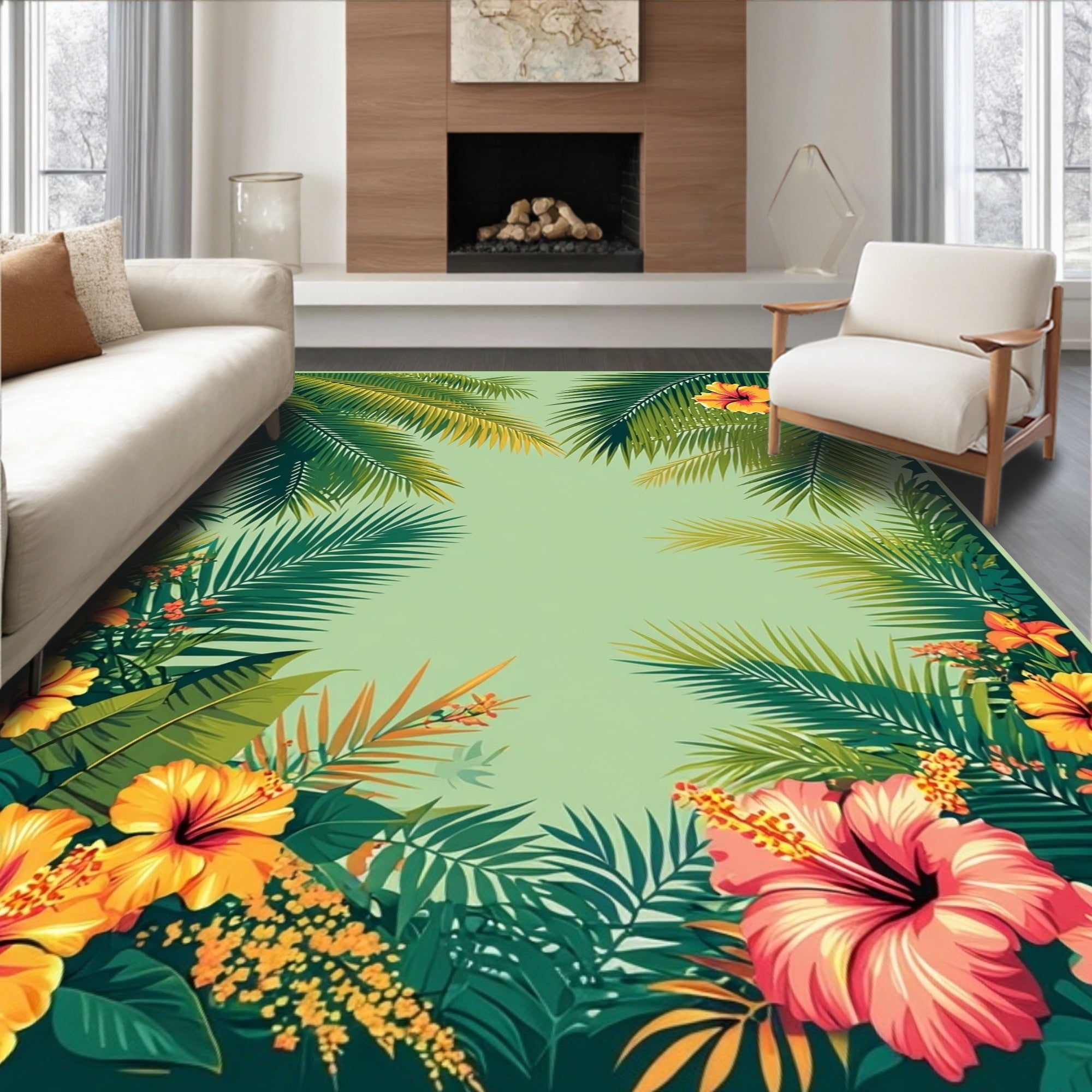 Tropical Hibiscus Palm Leaf Design Rug
