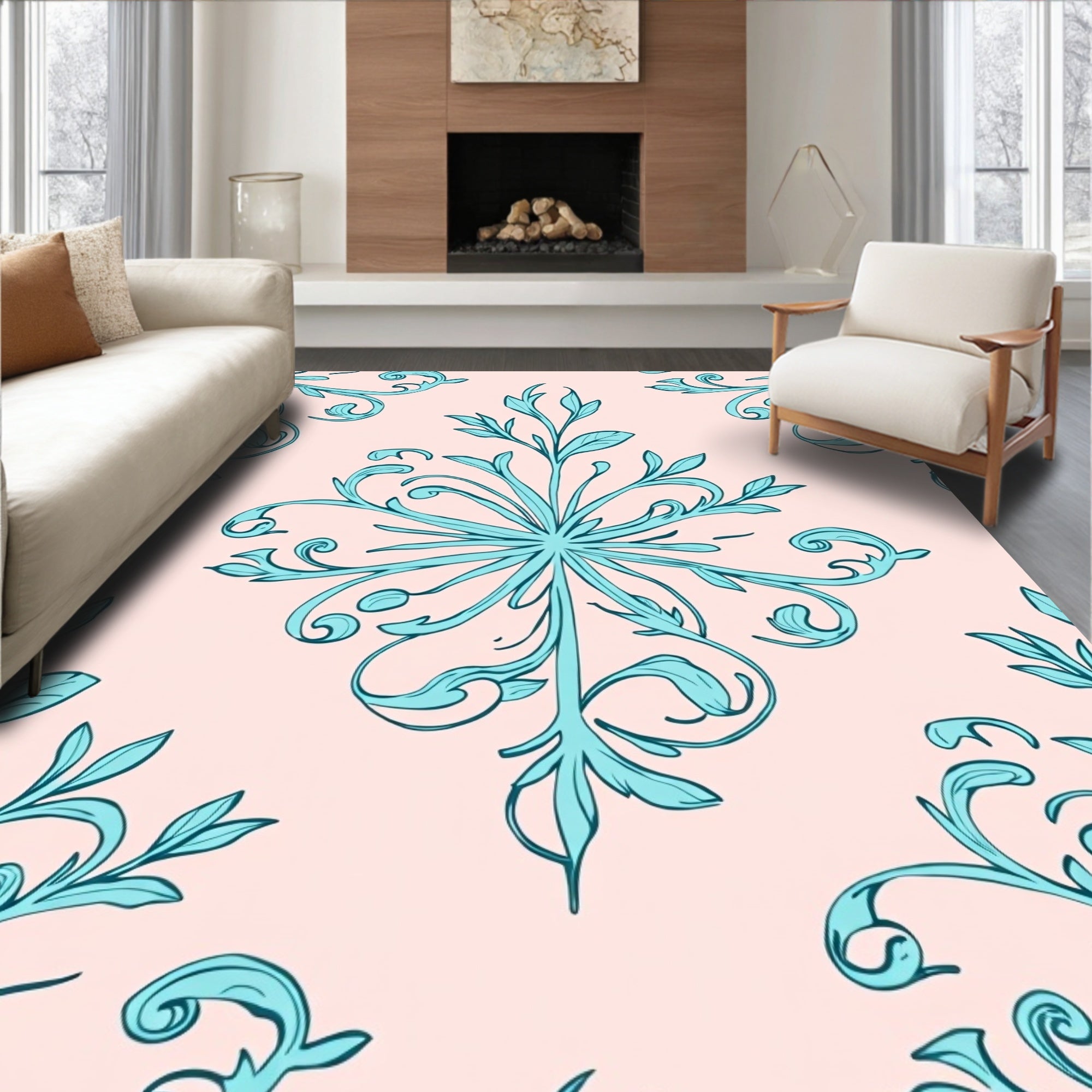 Ornate Blue Floral Scroll Rug