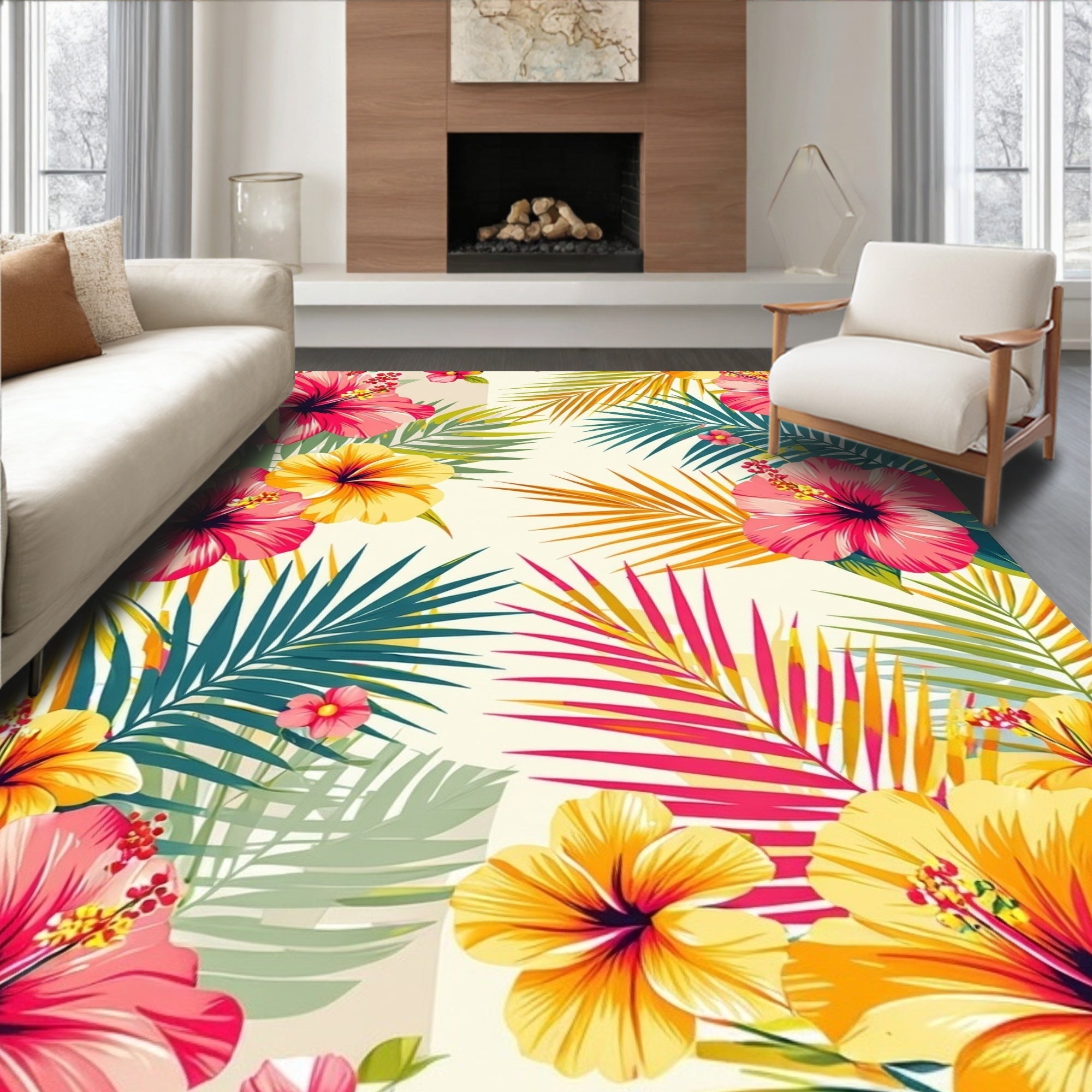 Tropical Hibiscus and Palm Leaf Pattern Rug