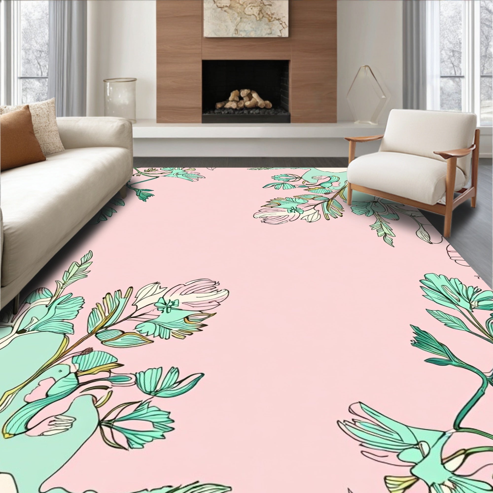 Botanical Branches On Pale Pink Rug