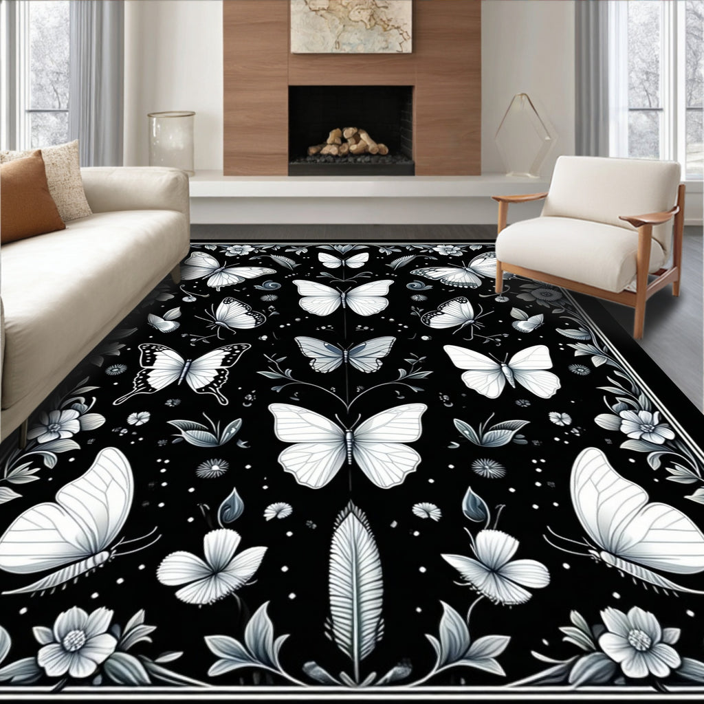 Monochromatic Butterfly Floral Design Rug