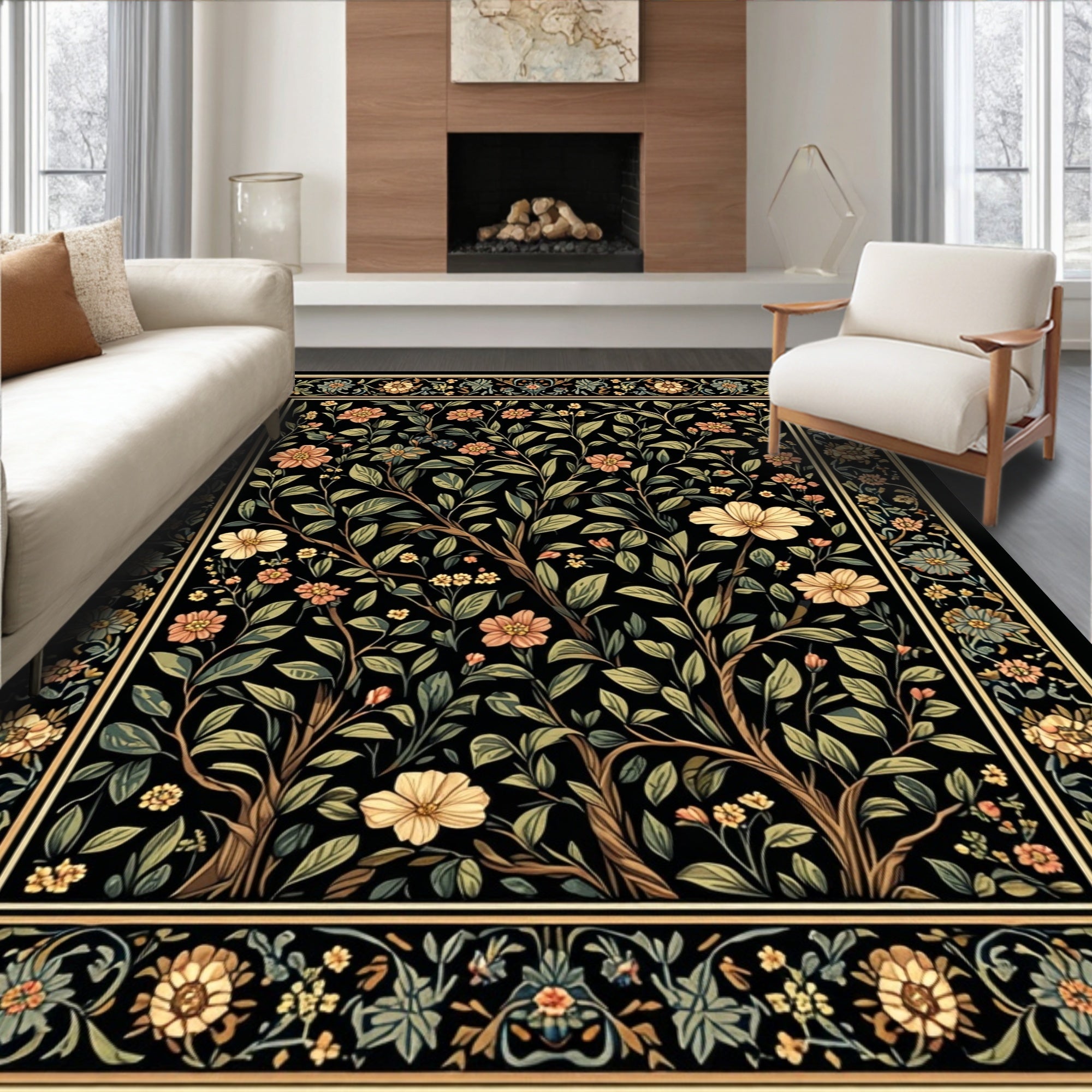 Dark Floral Tree of Life Pattern Rug