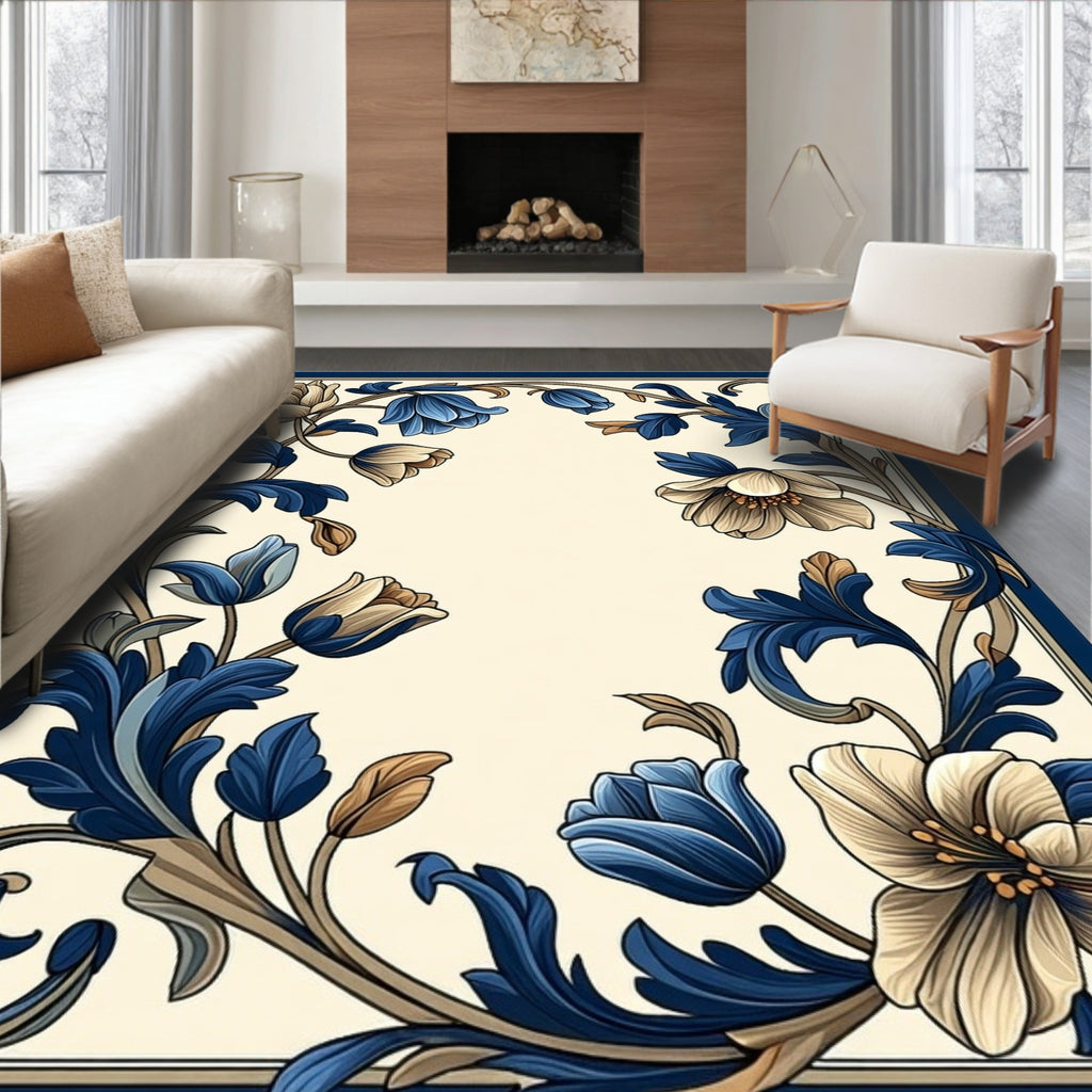 Classic Floral Scrollwork Blue Cream Design Rug