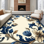 Classic Floral Scrollwork Blue Cream Design Rug