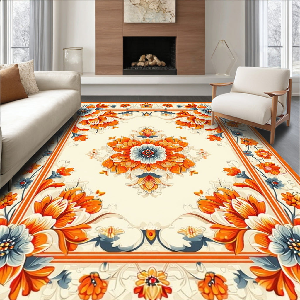 Ornate Floral Bordered Cream Rug
