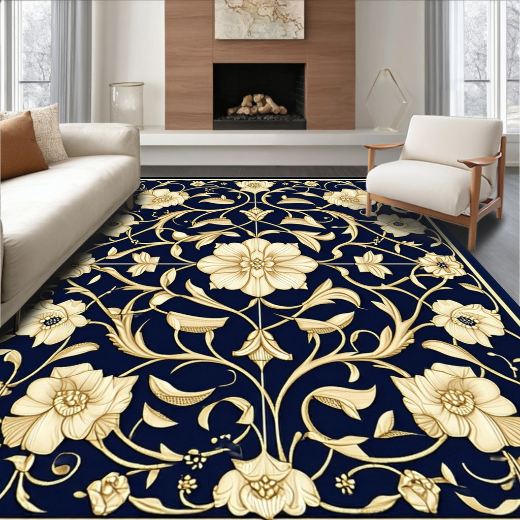 Dark Blue Floral Vine Design Rug