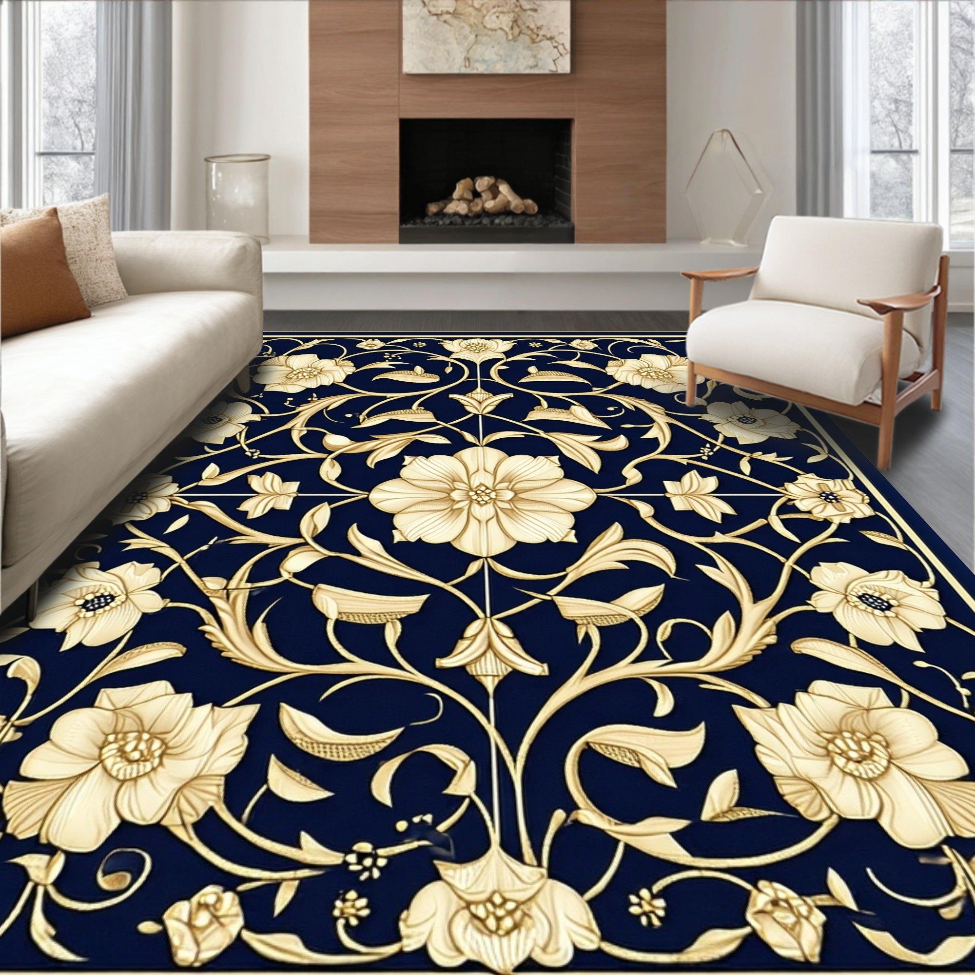 Dark Blue Floral Vine Design Rug