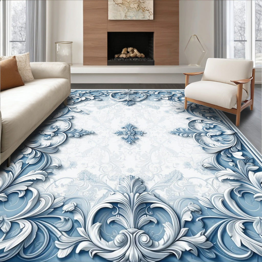 Ornate Blue White Scrollwork Relief Rug