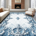 Ornate Blue White Scrollwork Relief Rug