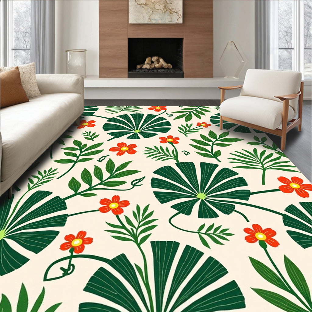Tropical Green Leaf Red Flower Rug