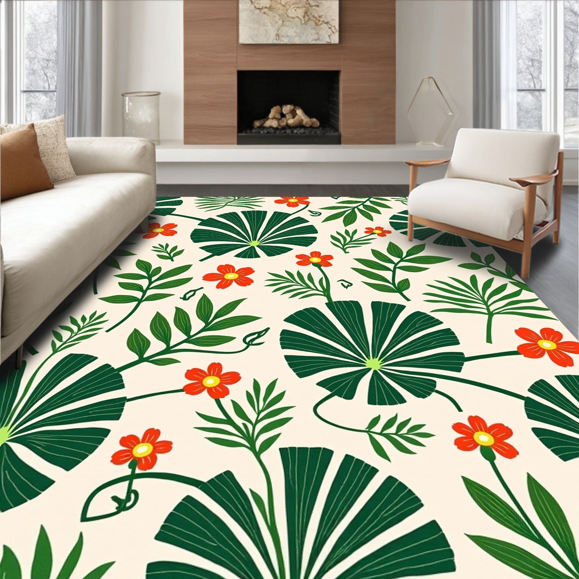 Tropical Green Leaf Red Flower Rug