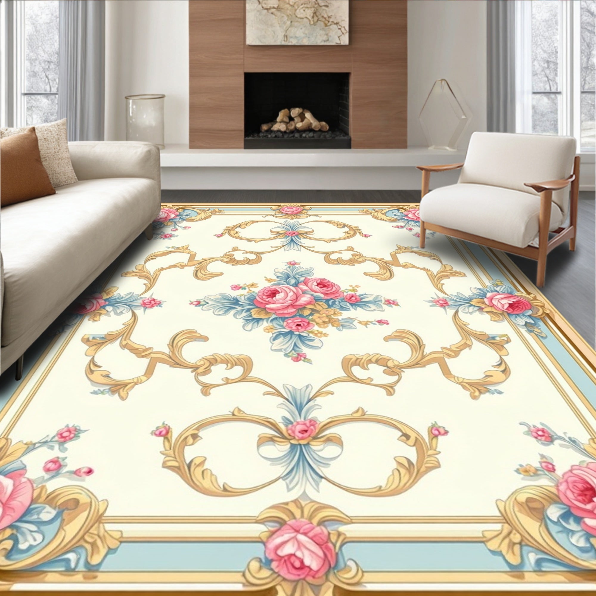 Elegant Pink Rose Floral Scroll Pattern Rug