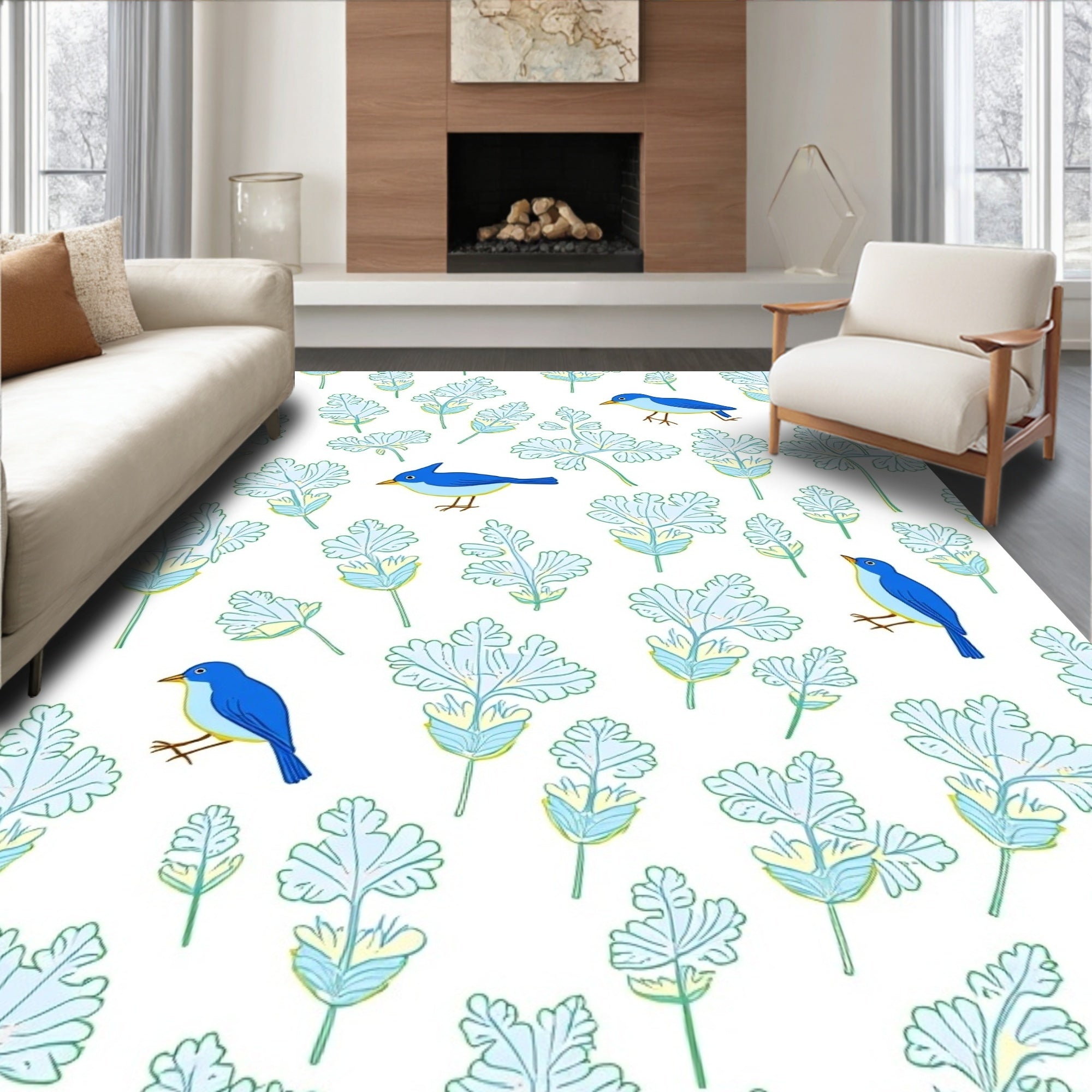 Blue Birds Among Delicate Greenery Rug