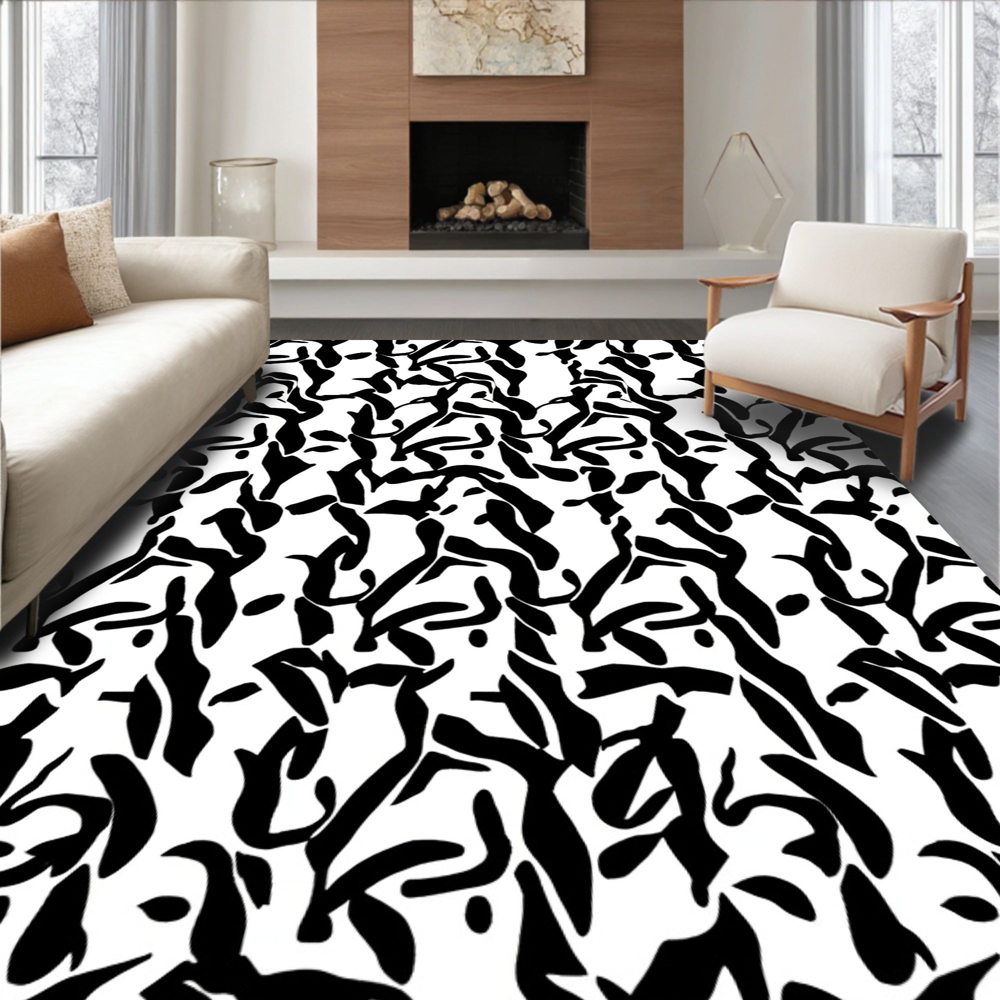 Abstract Black White Organic Waves Rug