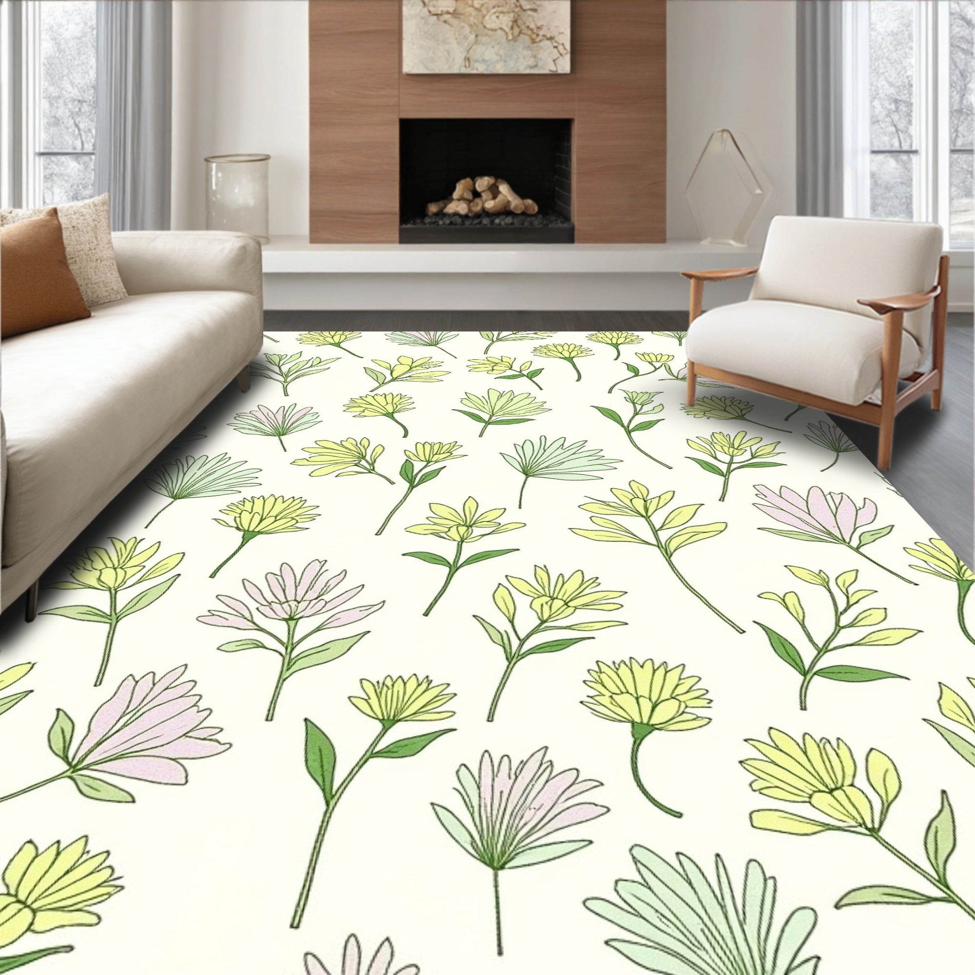 Delicate Floral Botanical Pattern Design Rug