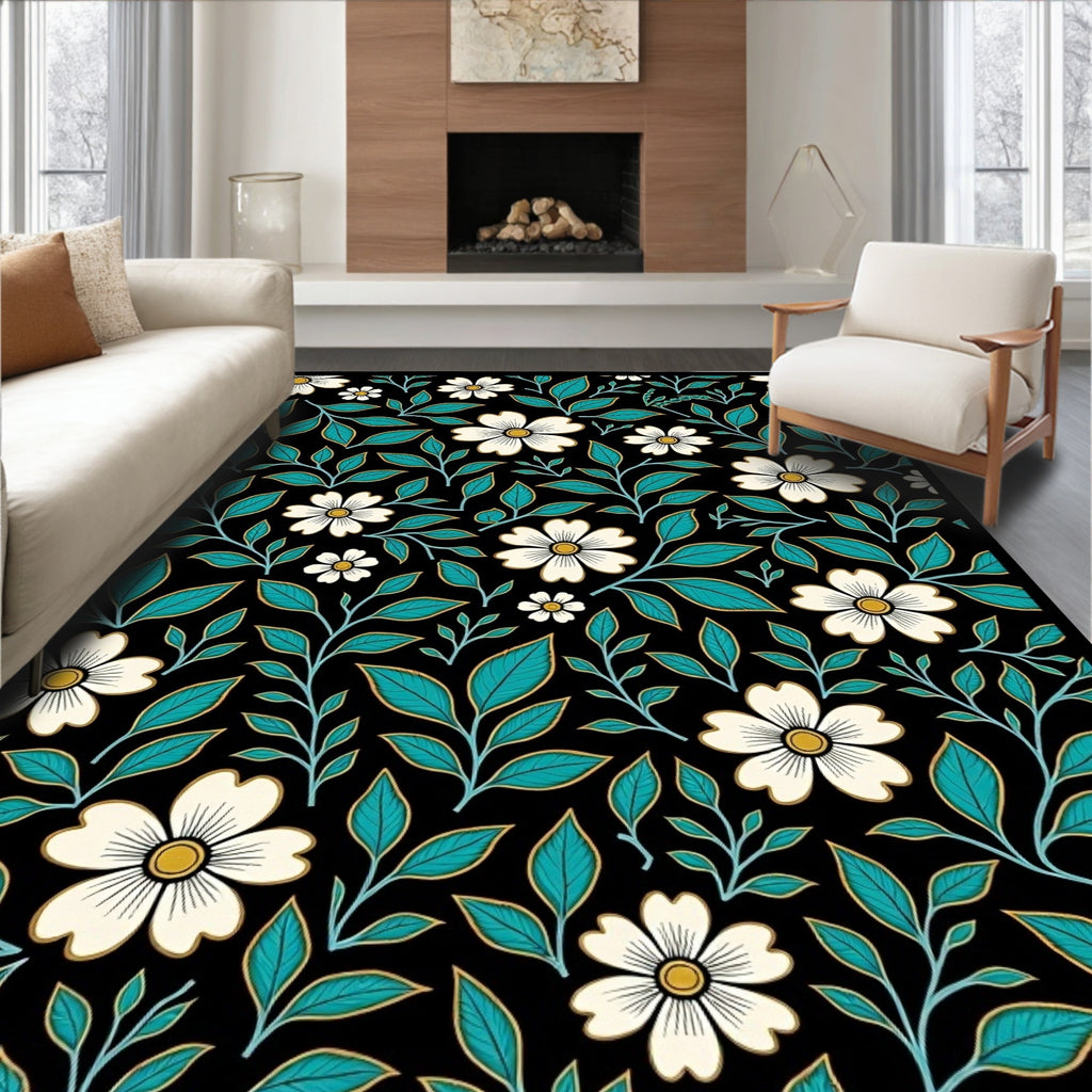 Dark Floral White Outline Pattern Rug