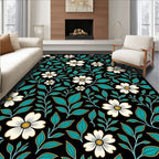 Dark Floral White Outline Pattern Rug