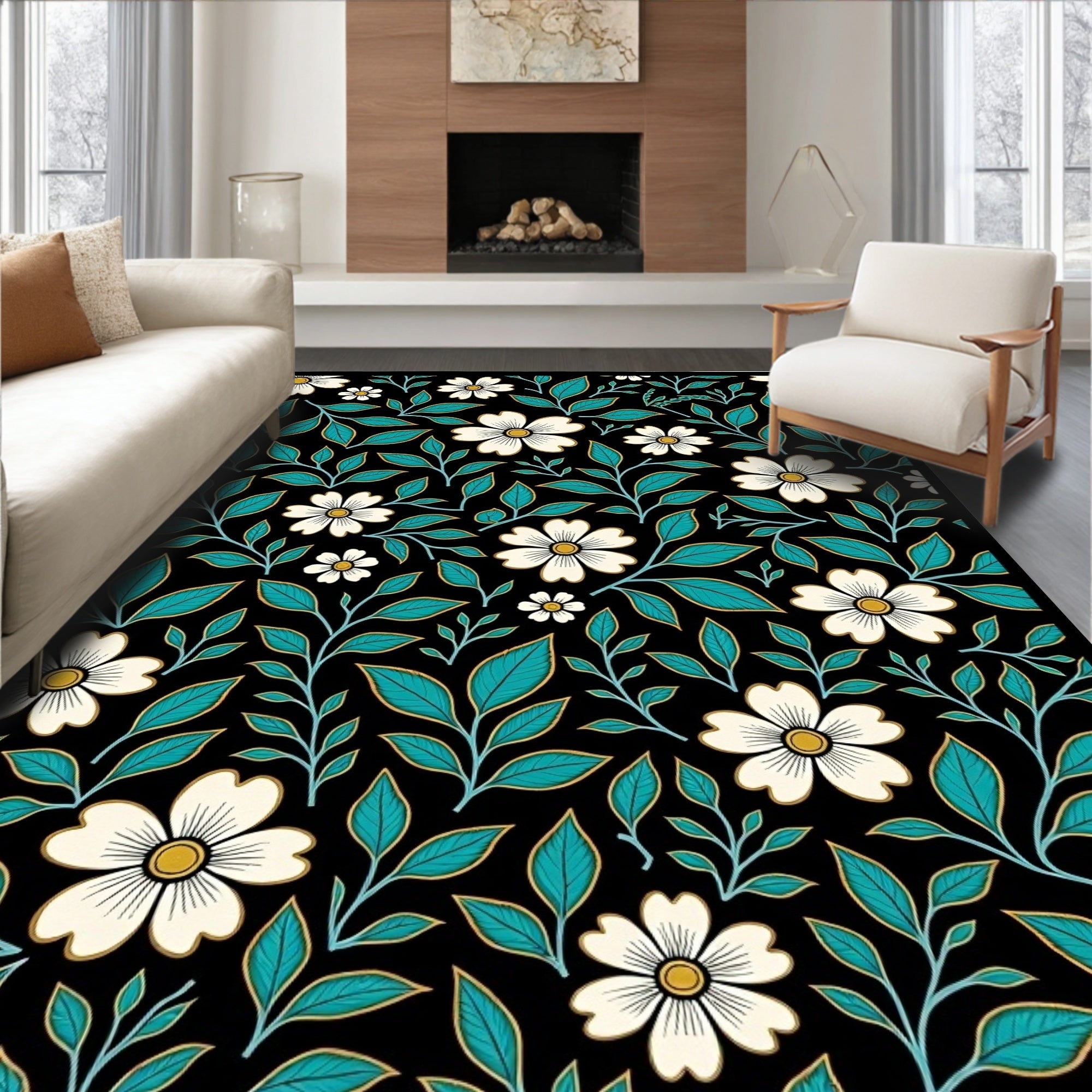 Dark Floral White Outline Pattern Rug