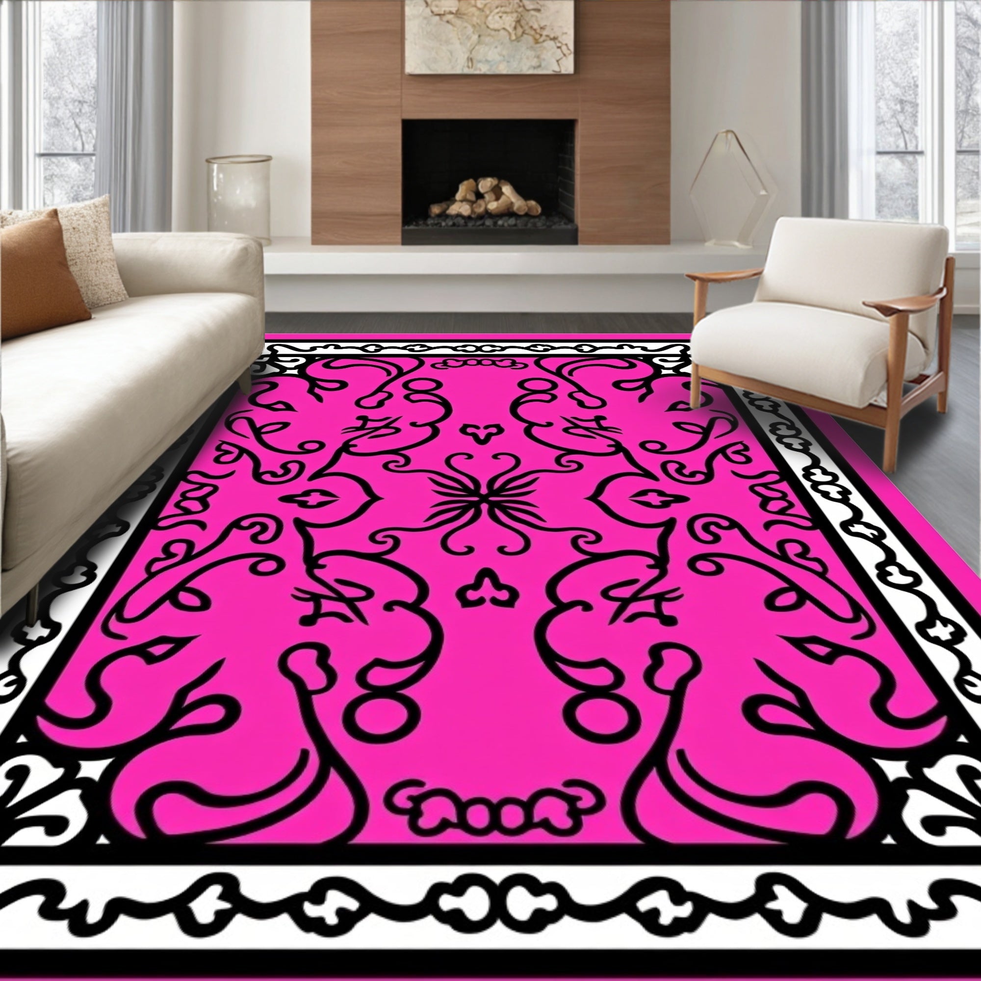 Bright Black White Floral Pattern Rug