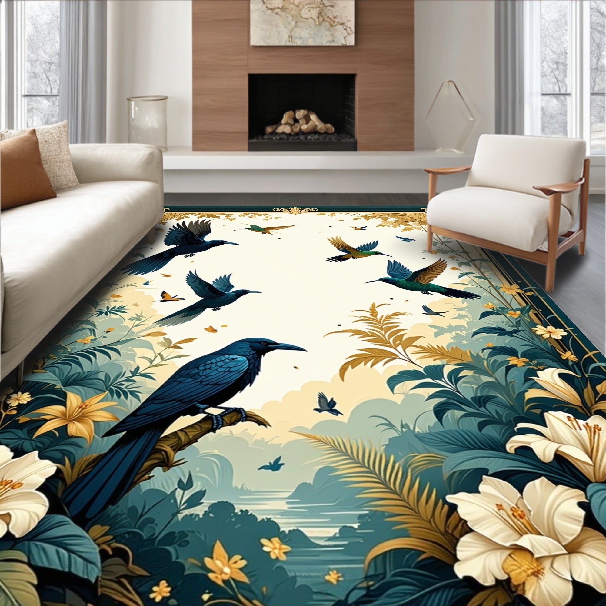 Nature Birds Floral Whimsical Design Rug