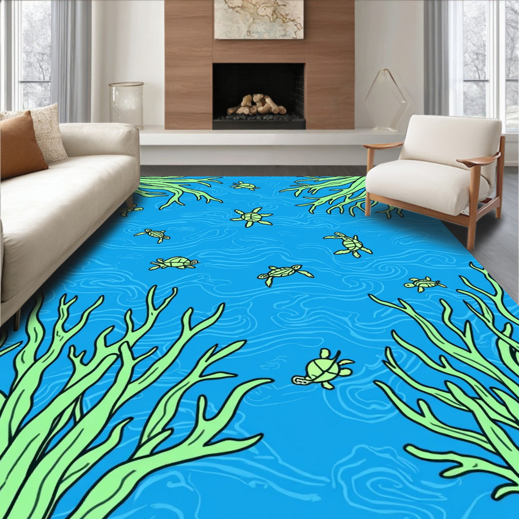Sea Turtle Pattern With Kelp Design Rug