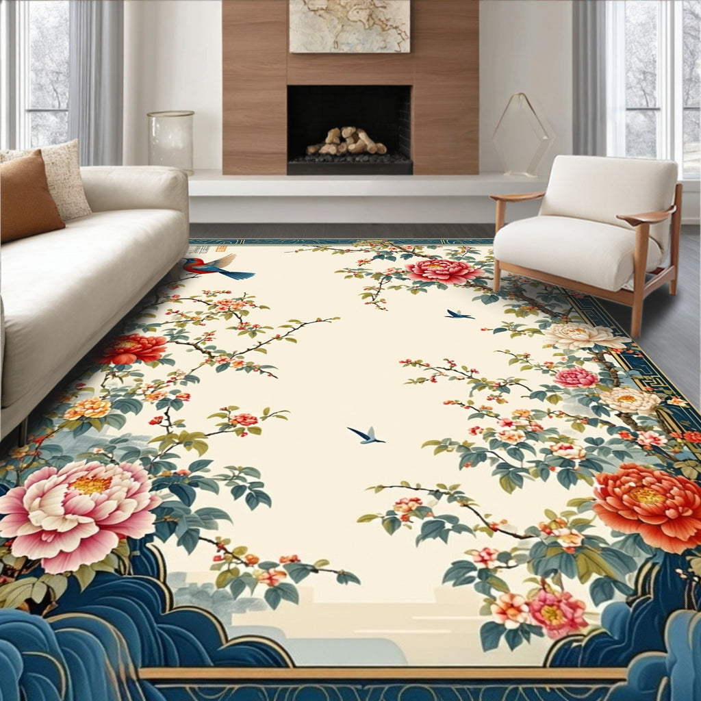 Ornate Floral Bird Scenic Garden Rug
