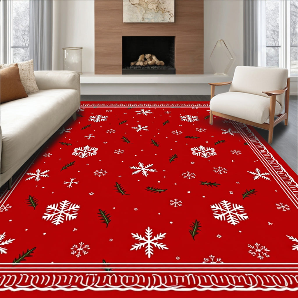 Red Snow Flurry Holiday Border Rug