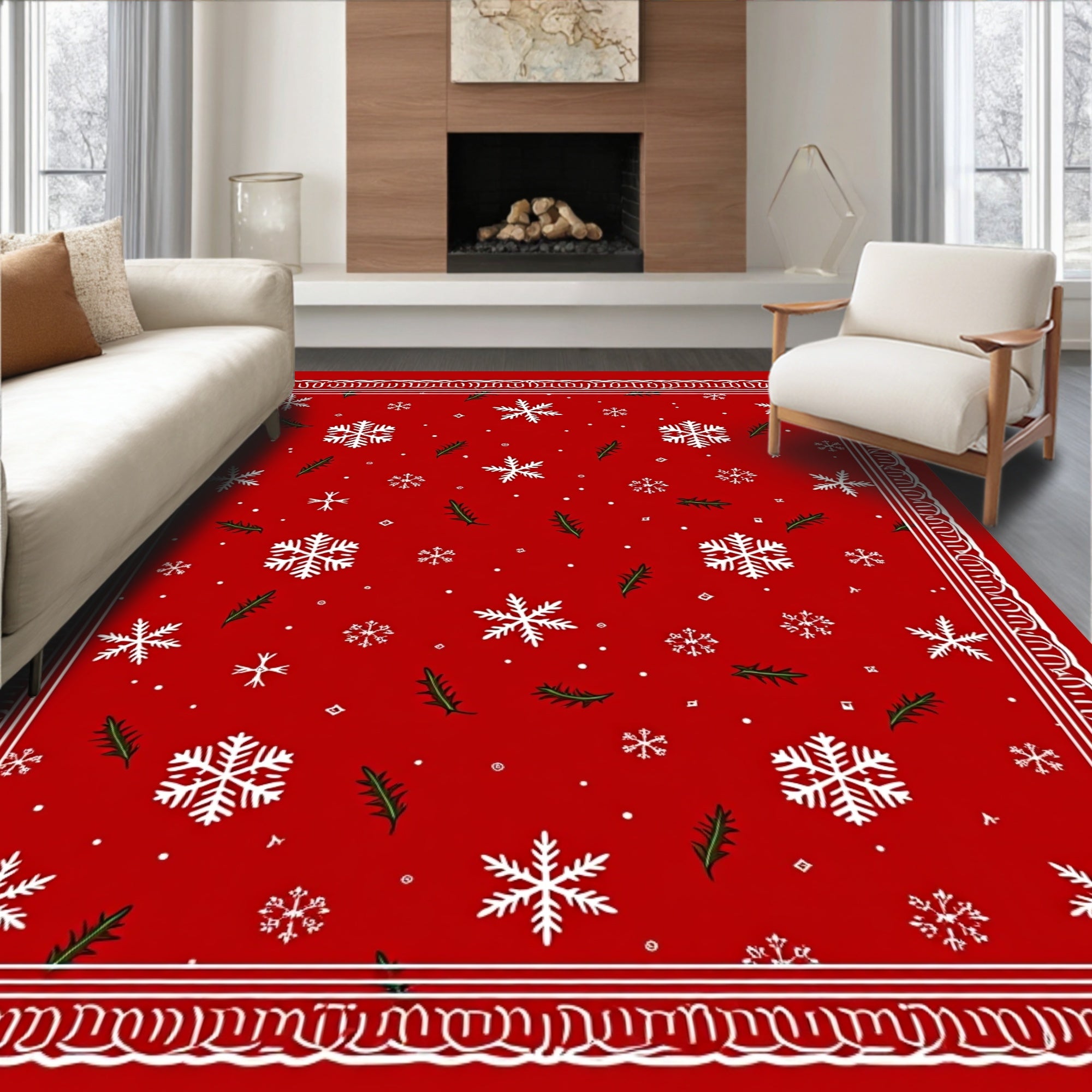 Red Snow Flurry Holiday Border Rug