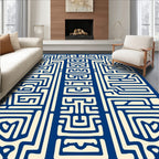Abstract Blue Cream Maze Design Rug
