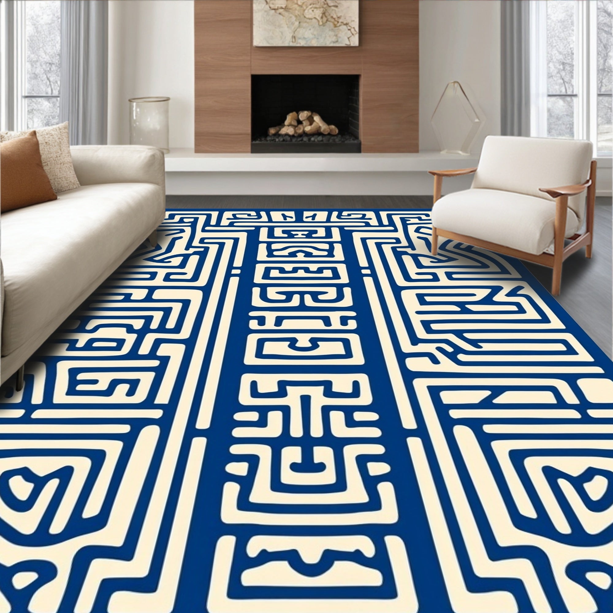 Abstract Blue Cream Maze Design Rug