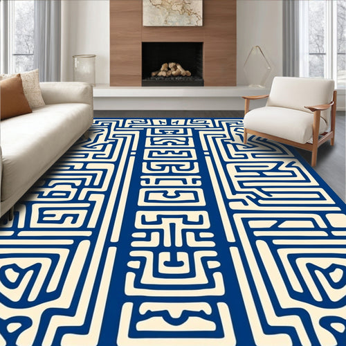 Abstract Blue Cream Maze Design Rug