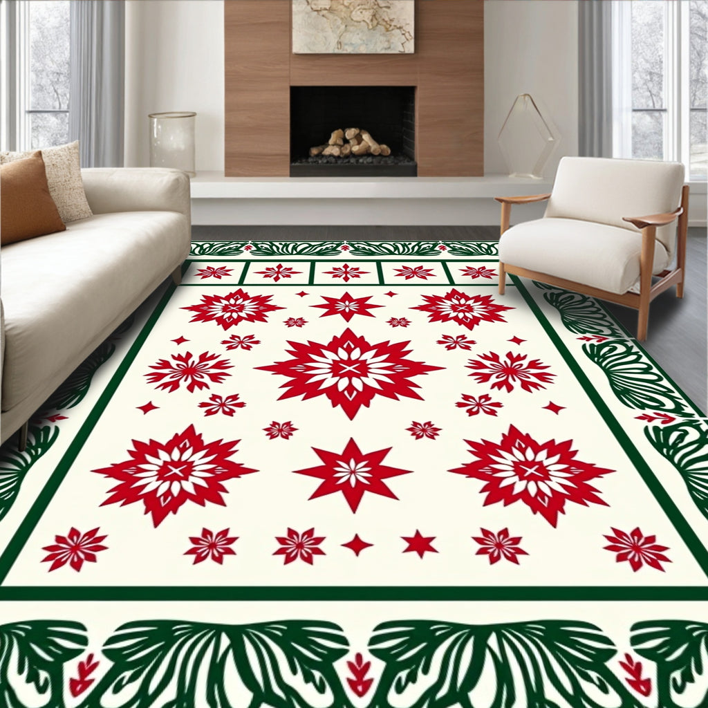 Red White Starburst Floral Border Rug