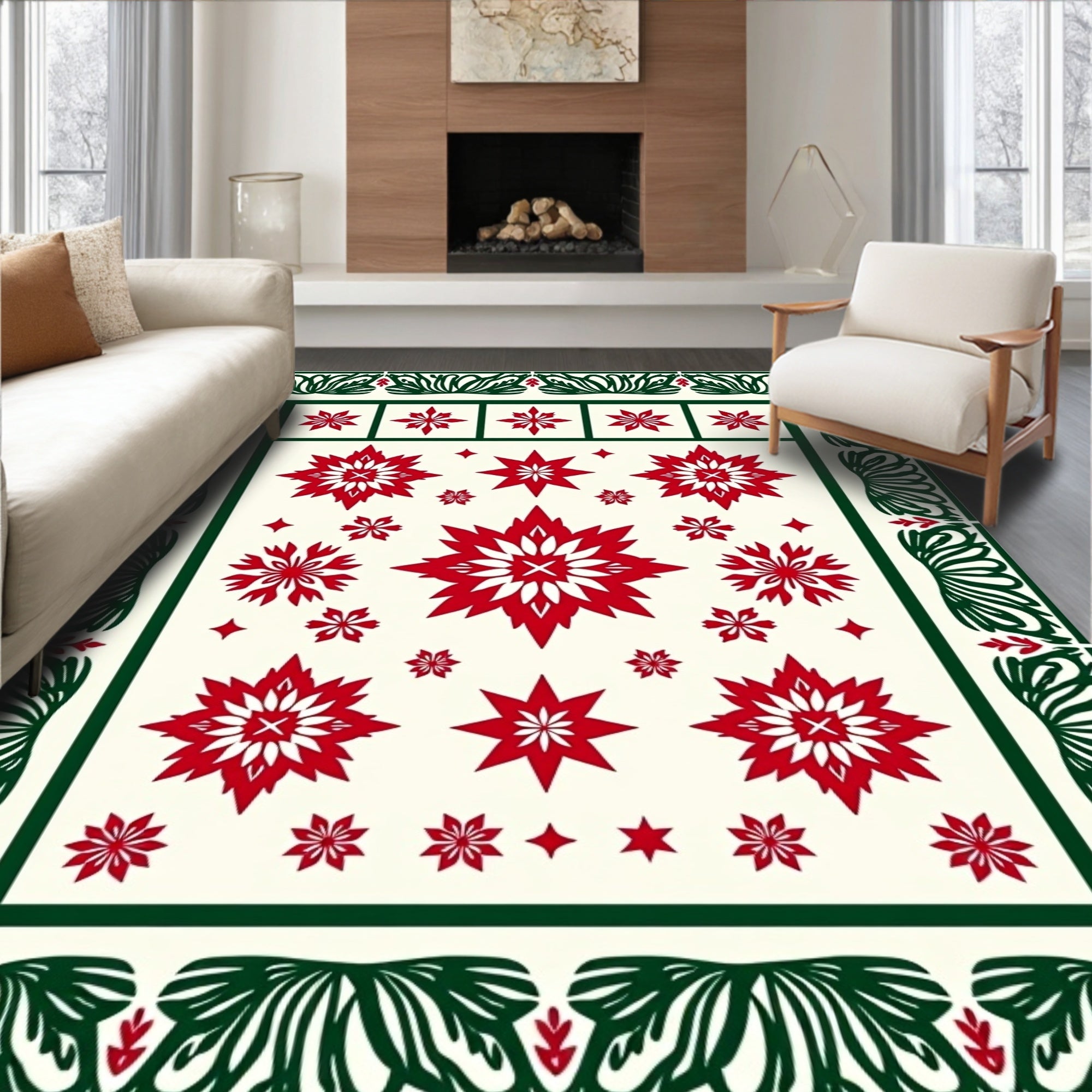 Red White Starburst Floral Border Rug