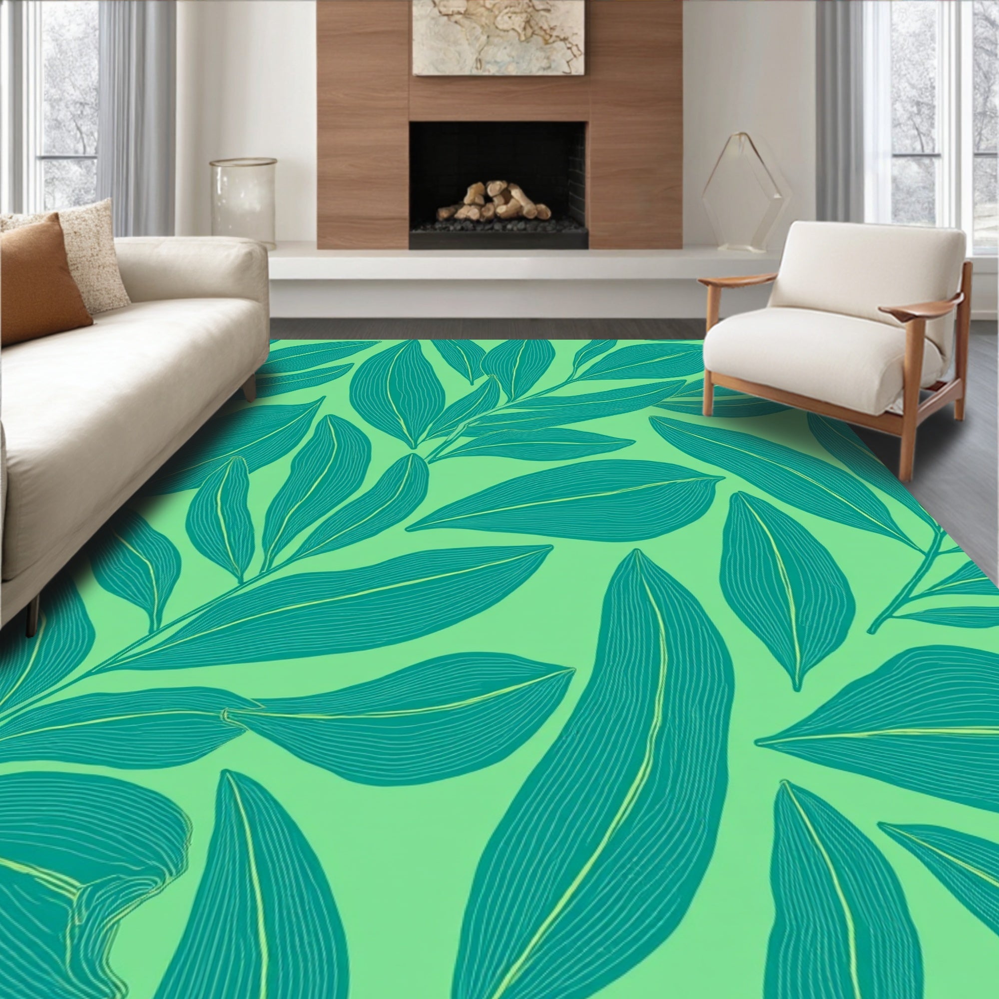 Tropical Teal Leaf Pattern Rug