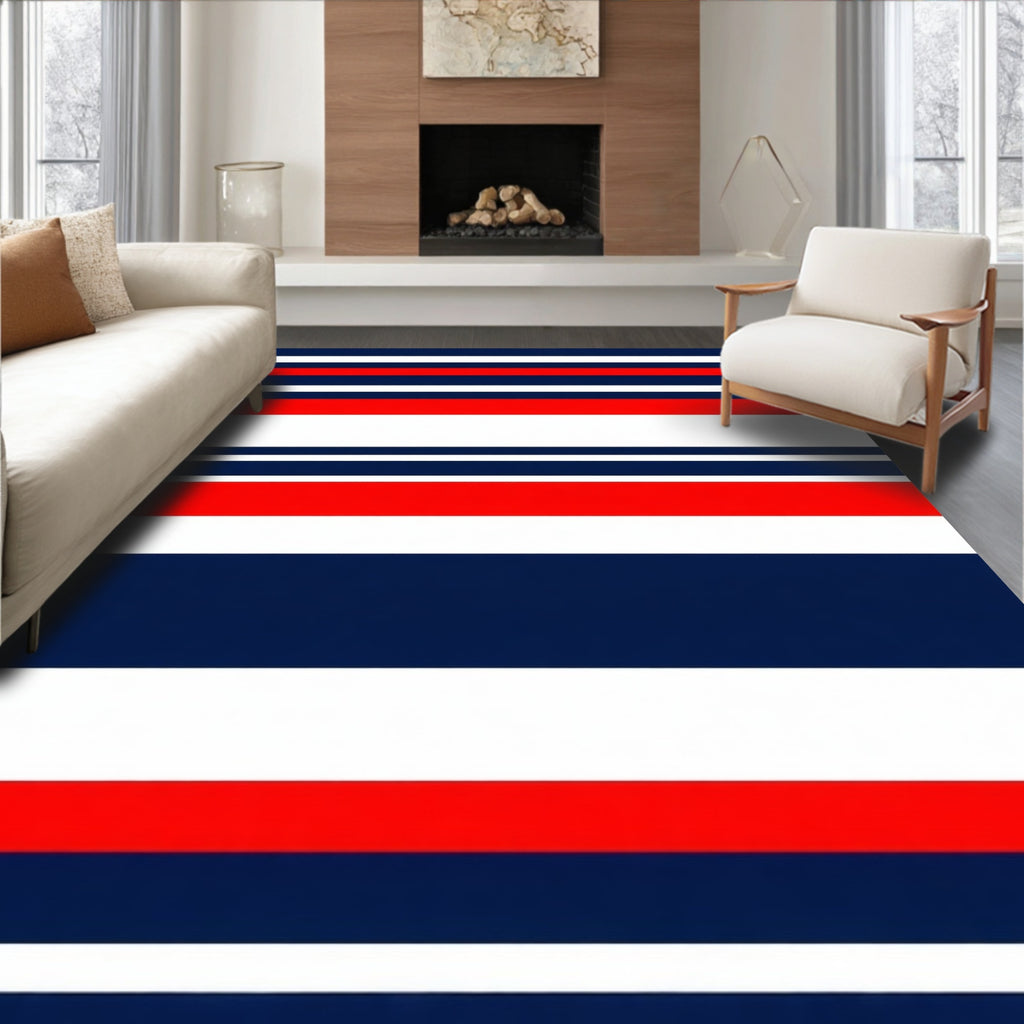 Classic Red Blue White Striped Rug