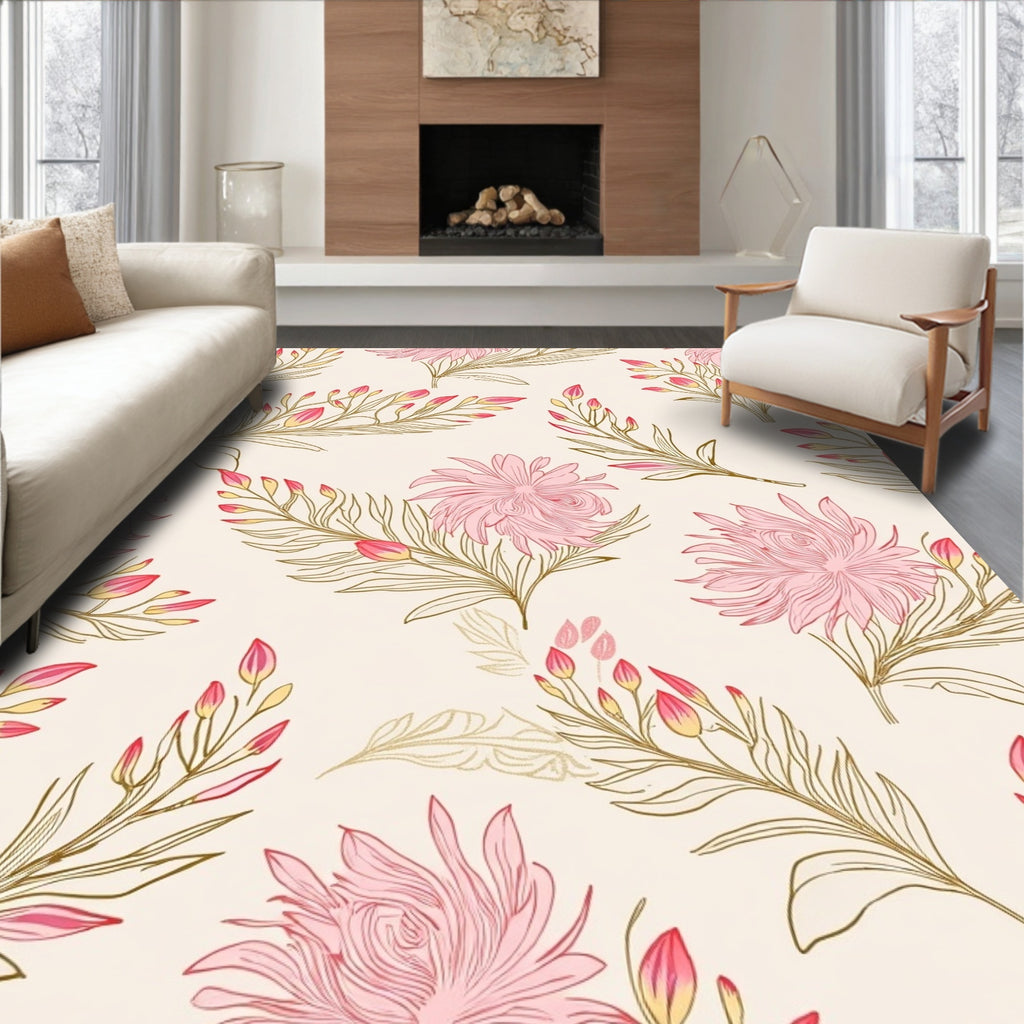 Delicate Pink Floral Line Art Pattern Rug