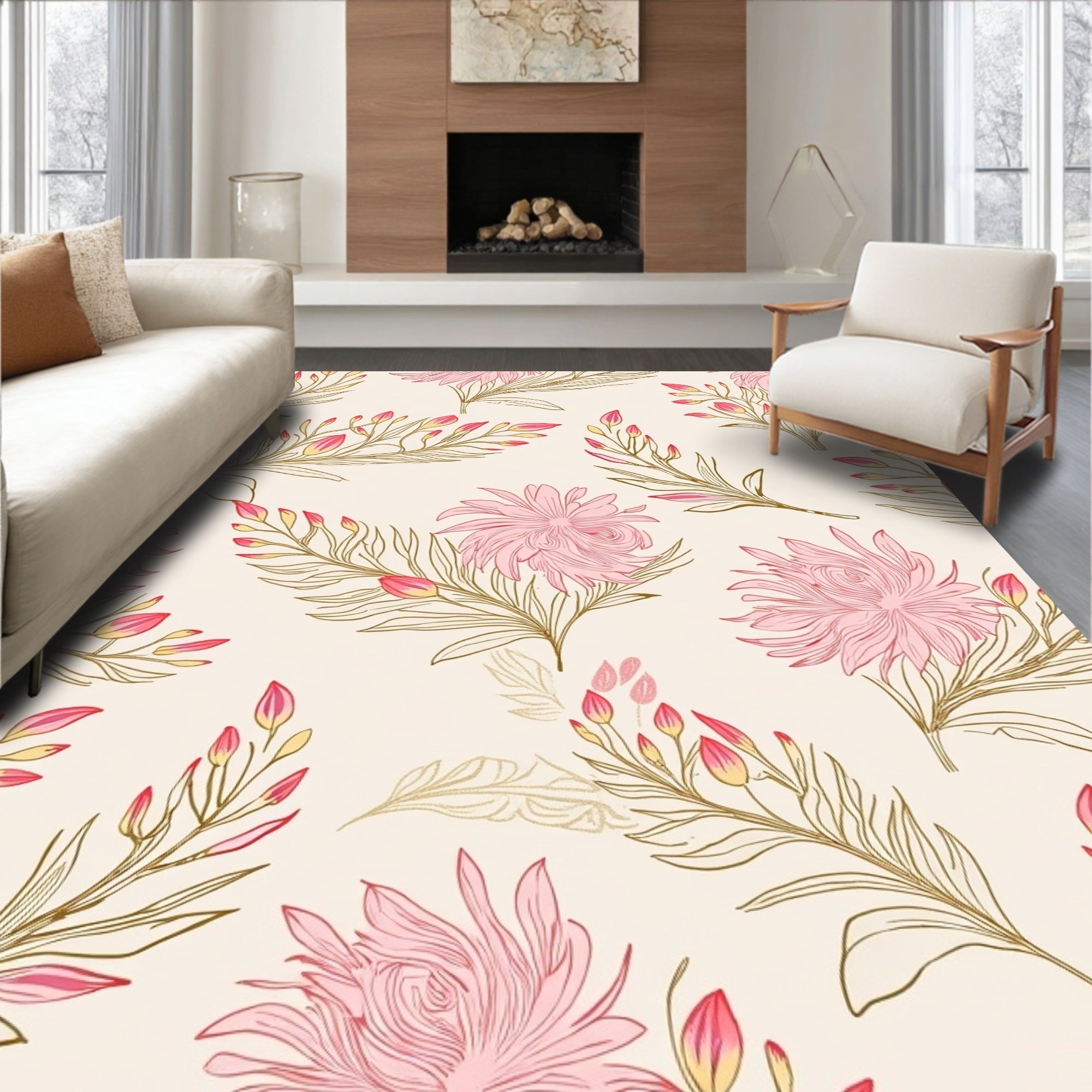 Delicate Pink Floral Line Art Pattern Rug
