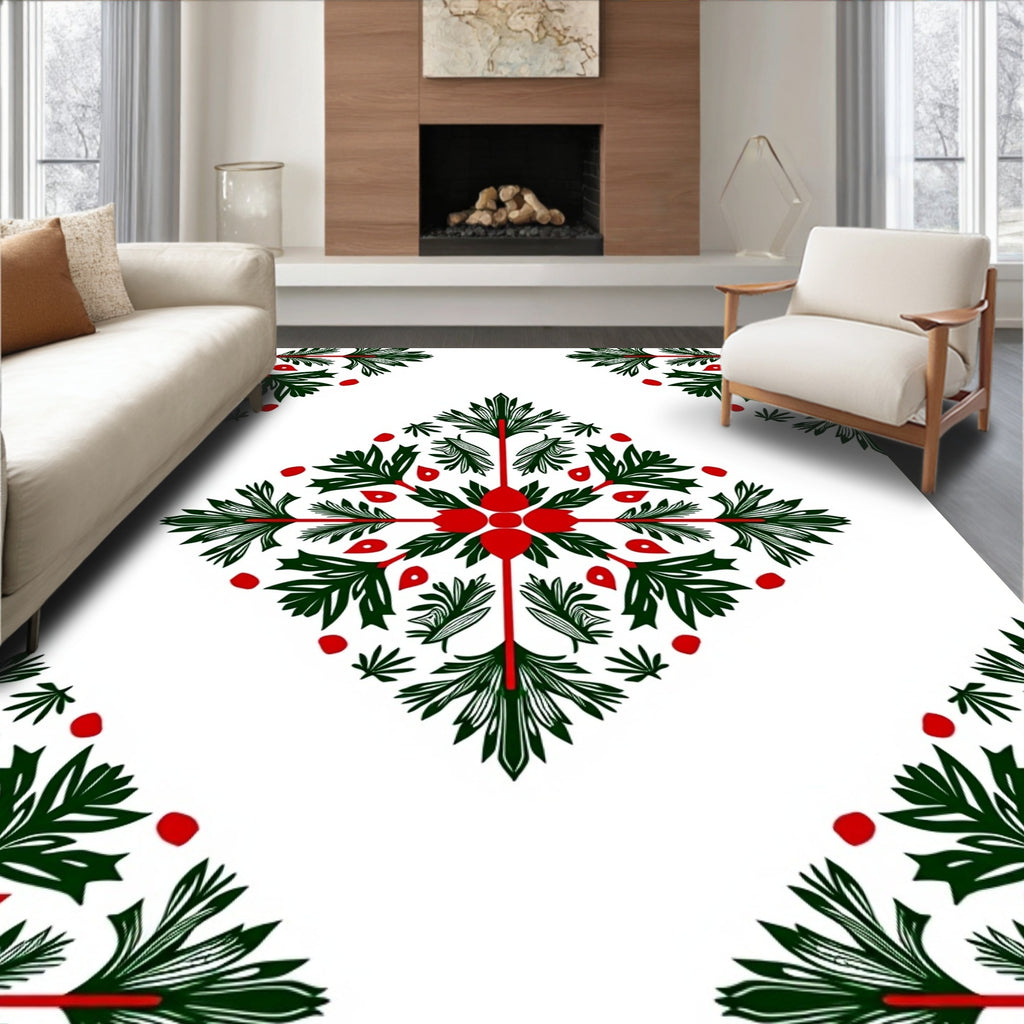 Green Red Leaf Medallion Rug